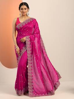 Libas - Fuchsia Pink Zari Embroidered Saree with Unstitched Blouse
