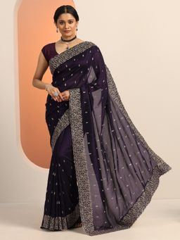 Libas - Dark Purple Stylish Zari Embroidered Saree with Unstitched Blouse