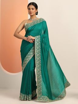 Libas - Green Embroidered Stone Work Saree with Unstitched Blouse