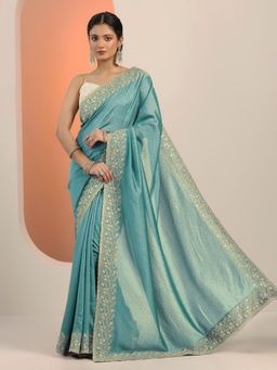 Libas - Blue Embroidered Stone Work Saree with Unstitched Blouse