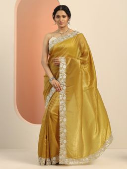 Libas - Gold Solid Embroidered Saree with Unstitched Blouse