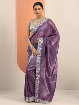 Libas - Purple Solid Embroidered Saree with Unstitched Blouse