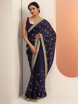Libas - Purple Zari Embroidered Saree with Unstitched Blouse
