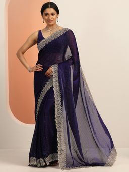 Libas - Navy Blue Embroidered Stone Work Saree with Unstitched Blouse
