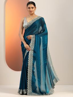 Libas - Teal Embroidered Stone Work Saree with Unstitched Blouse