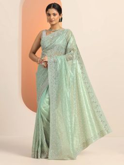 Libas - Mint Green Zari Embroidered Stone Work Saree with Unstitched Blouse