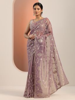 Libas - Mauve Embroidered Stone Work Saree with Unstitched Blouse
