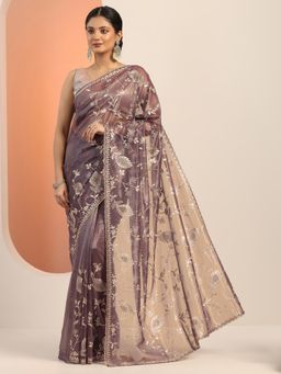 Libas - Mauve Embroidered Stone Work Saree with Unstitched Blouse