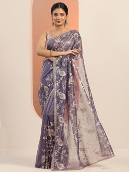 Libas - Lavender Embroidered Stone Work Saree with Unstitched Blouse
