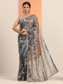 Libas - Grey Embroidered Stone Work Saree with Unstitched Blouse