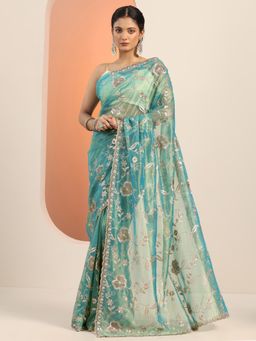 Libas - Sea Green Stylish Embroidered Stone Work Saree with Unstitched Blouse