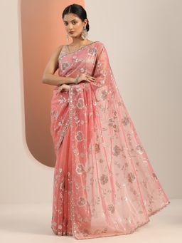 Libas - Peach Stylish Embroidered Stone Work Saree with Unstitched Blouse
