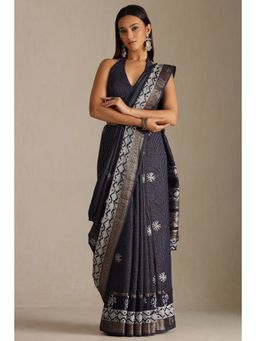 Soch - Navy Blue Art Silk Batik Checks Woven Zari Saree with Unstitched Blouse