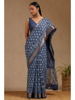 Soch - Indigo Viscose Floral Block Print Saree with Unstitched Blouse