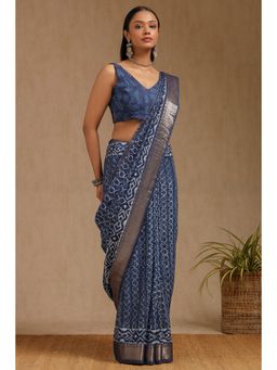 Soch - Indigo Viscose Block Print Saree with Unstitched Blouse
