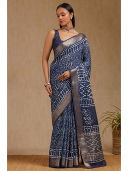 Soch - Indigo Viscose Floral Block Print Saree with Unstitched Blouse