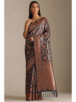 Soch - Grey Tussar Floral Woven Handloom Saree with Unstitched Blouse