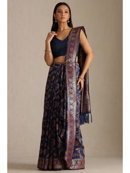 Soch - Navy Blue Tussar Floral Woven Handloom Saree with Unstitched Blouse
