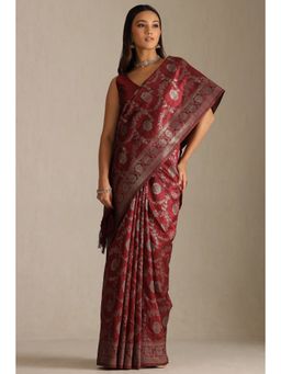 Soch - Maroon Tussar Floral Woven Handloom Saree with Unstitched Blouse