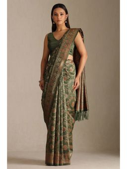 Soch - Olive Tussar Floral Woven Handloom Saree with Unstitched Blouse