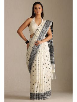 Soch - White and Black Tussar Woven Design Tassel Saree with Unstitched Blouse