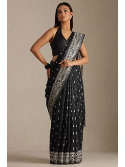 Soch - Black and White Tussar Woven Design Tassel Saree with Unstitched Blouse