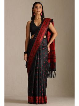Soch - Red and Black Tussar Woven Design Tassel Saree with Unstitched Blouse