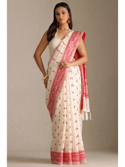 Soch - Off White and Red Tussar Woven Design Tassel Saree with Unstitched Blouse