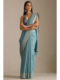 Soch - Blue Tussar Woven Design Tassel Saree with Unstitched Blouse