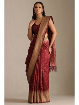 Soch - Maroon Tussar Zari Woven Design Tassel Saree with Unstitched Blouse
