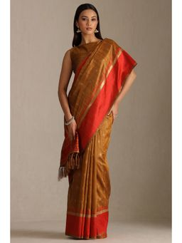 Soch - Brown Tussar Zari Woven Design Tassel Saree with Unstitched Blouse