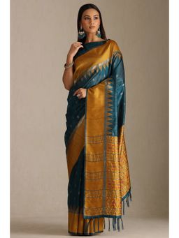 Soch - Teal Tussar Zari Woven Design Tassel Saree with Unstitched Blouse