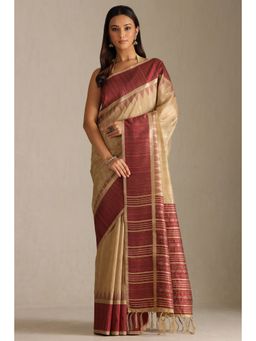 Soch - Beige Tussar Zari Woven Design Tassel Saree with Unstitched Blouse