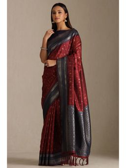 Soch - Maroon Tussar Zari Woven Design Tassel Saree with Unstitched Blouse