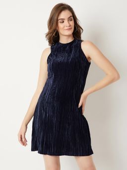 Miss Chase - Womens Navy Blue Round Neck Sleeveless Solid Mini High Neck Velvet Shift Dress