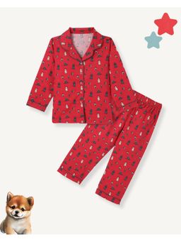 FUNKRAFTS - Kids Premium Cotton Full Sleeves Collar Style Pyjama Shirt-Red (Set of 2)