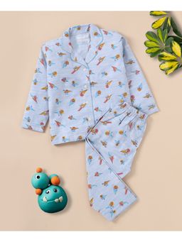 FUNKRAFTS - Boys Premium Cotton Full Sleeves Collar Style Pyjama Shirt-Blue (Set of 2)