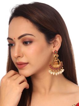 Yellow Chimes - Gold Plated Pink Stone Studded Pearl Beads Hanging Temple Drop Earrings