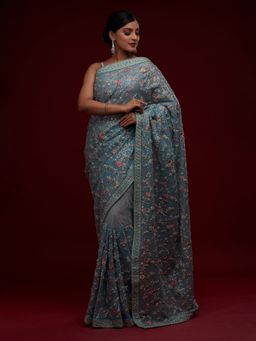 Koskii - Sea Green Sequin Work Net Designer Saree With Unstitched Blouse