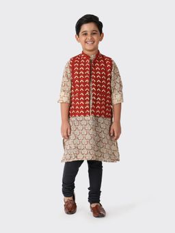Fabindia - Beige Cotton Printed Boys Kurta Jacket (Set of 2)