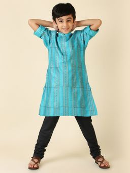 Fabindia - Turquoise Viscose Blend Printed Boys Kurta
