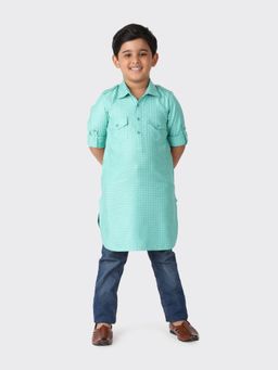Fabindia - Turquoise Viscose Blend Self Design Boys Kurta