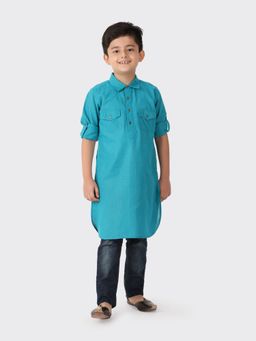 Fabindia - Turquoise Cotton Blend Checks Boys Kurta
