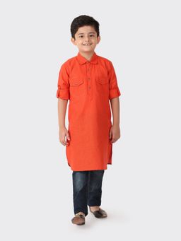 Fabindia - Orange Cotton Blend Checks Boys Kurta