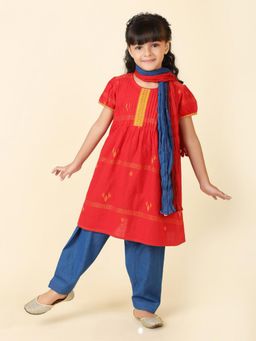 Fabindia - Red Cotton Blend Dobby Salwar (Set of 3)