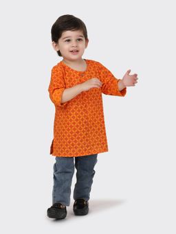 Fabindia - Orange Cotton Printed Boys Kurta