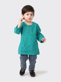 Fabindia - Teal Cotton Printed Boys Kurta