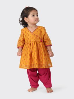 Fabindia - Yellow Cotton Silk Hand Block Print Printed Flared Salwar (Set of 2)