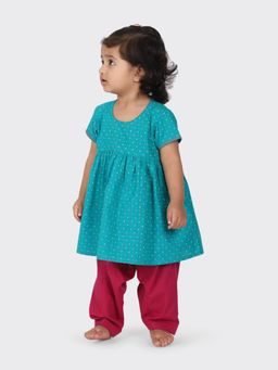 Fabindia - Teal Cotton Hand Block Printed Flared Salwar (Set of 2)