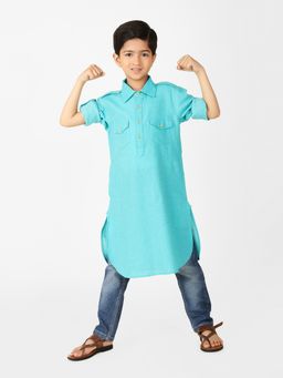 Fabindia - Teal Cotton Dobby A-line Long Kurta